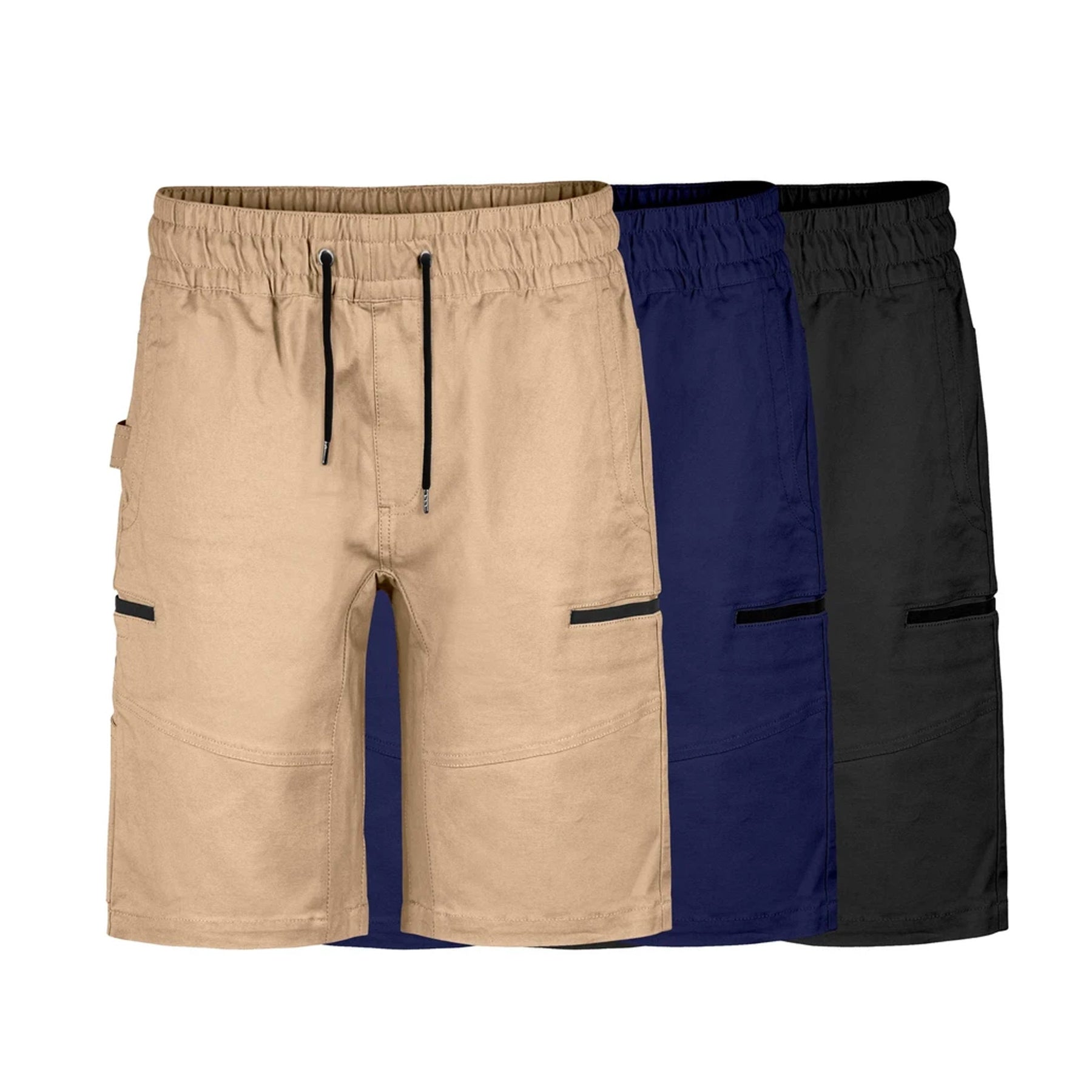 bad workwear saviour elastic waist work shorts in khaki, navy and black