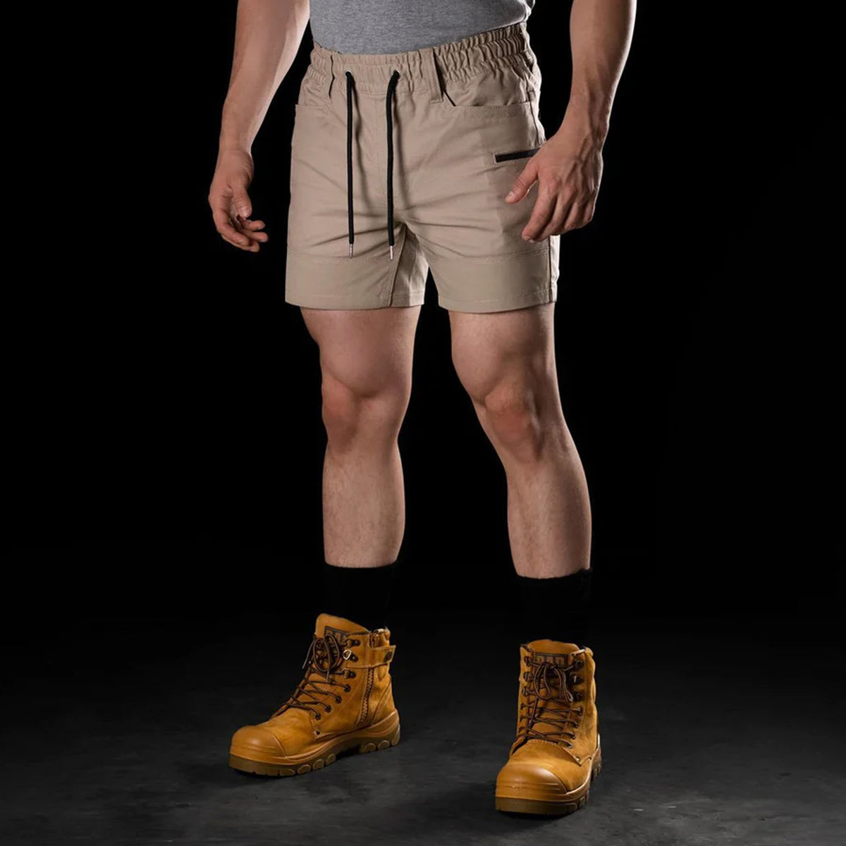 bad saviour pro elastic waist work short shorts in khaki