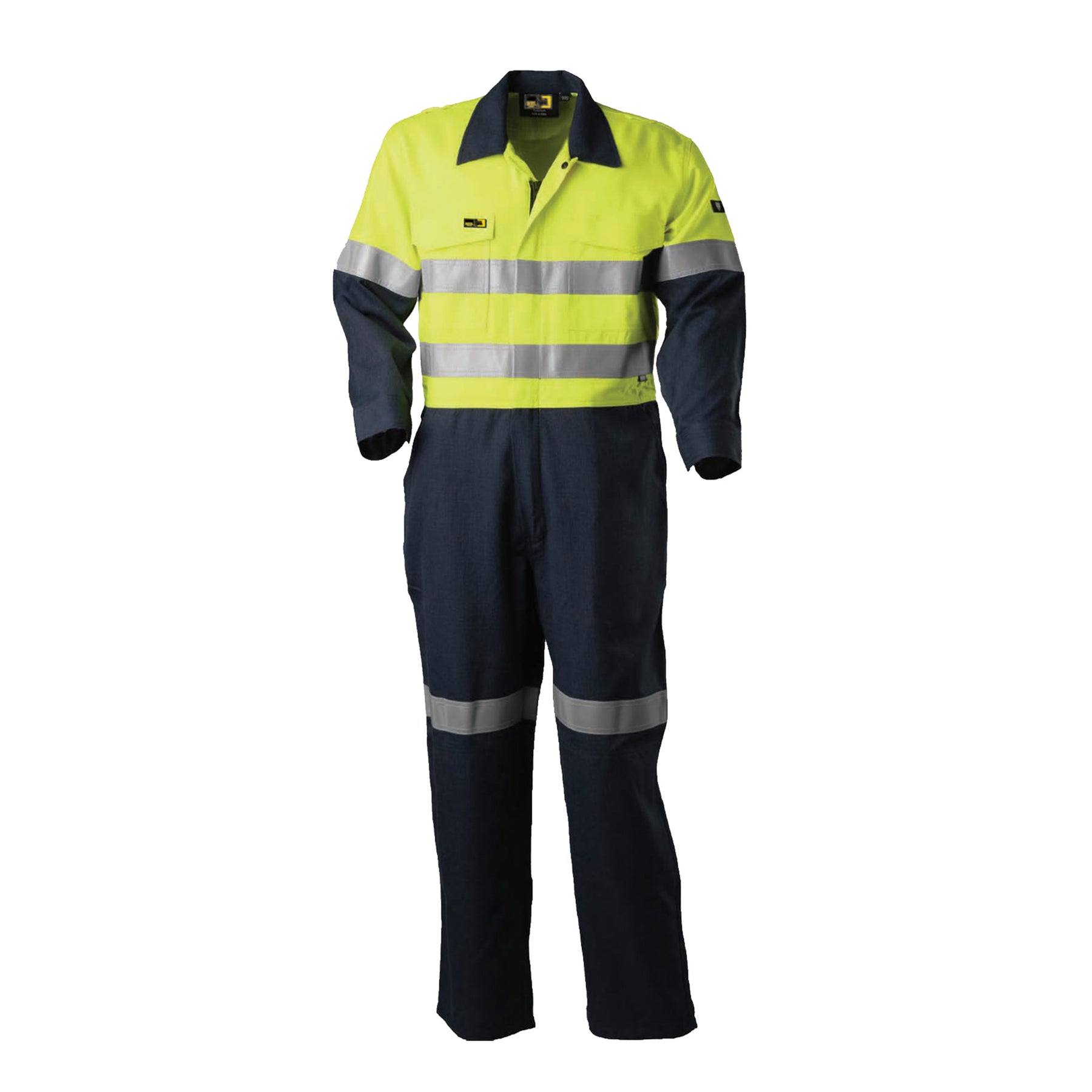 yellow navy fire retardant coverall with loxy fire retardant tape