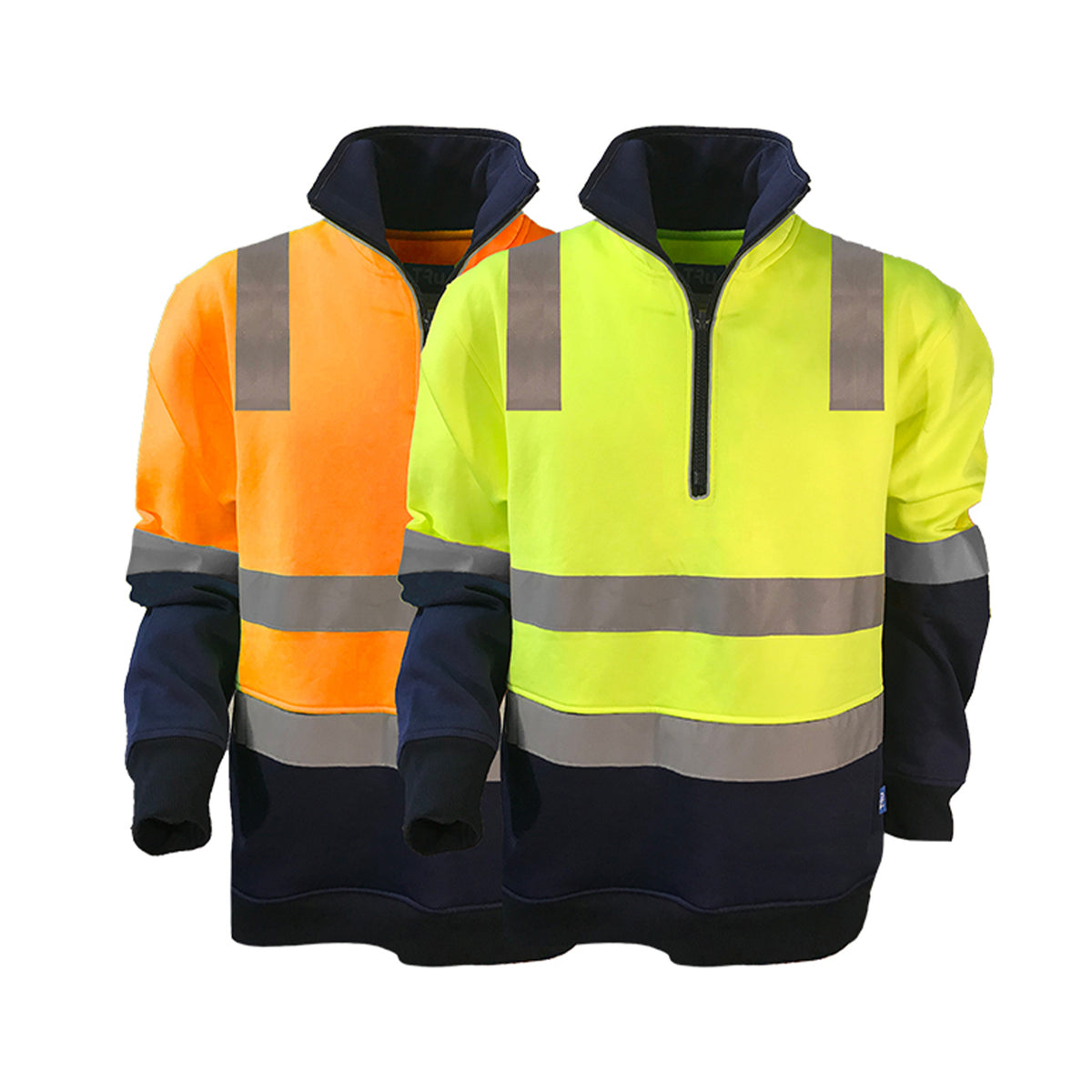 1/4 zip fleece jumper with tru reflective tape in yellow navy and orange navy