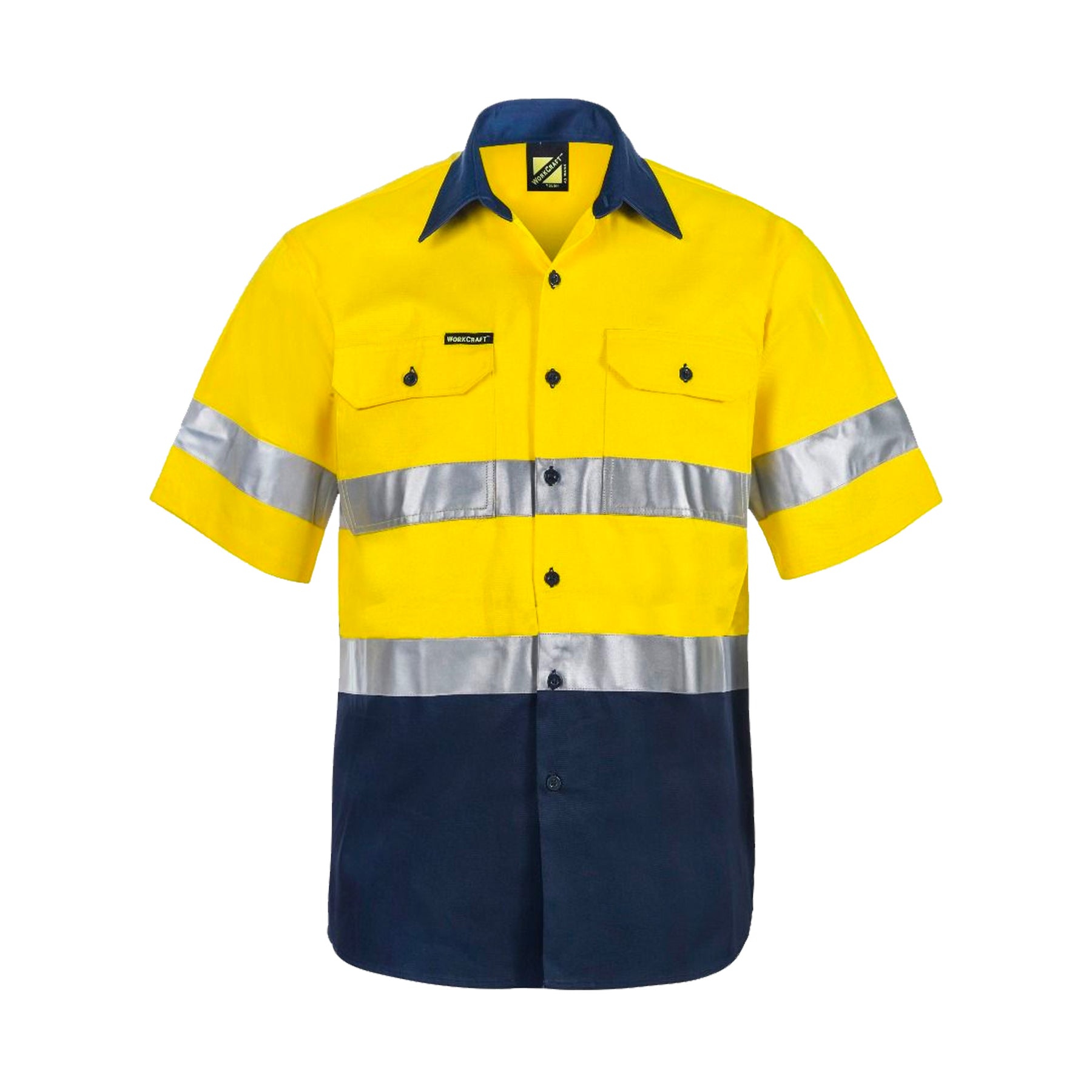hi vis two tone short sleeve shirt with 3m reflective tape in yellow navy