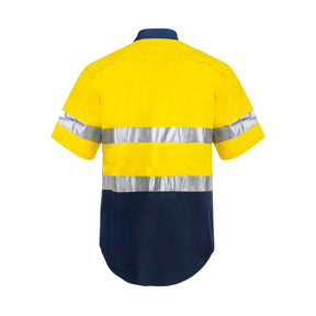 back of hi vis two tone short sleeve shirt with 3m reflective tape in yellow navy
