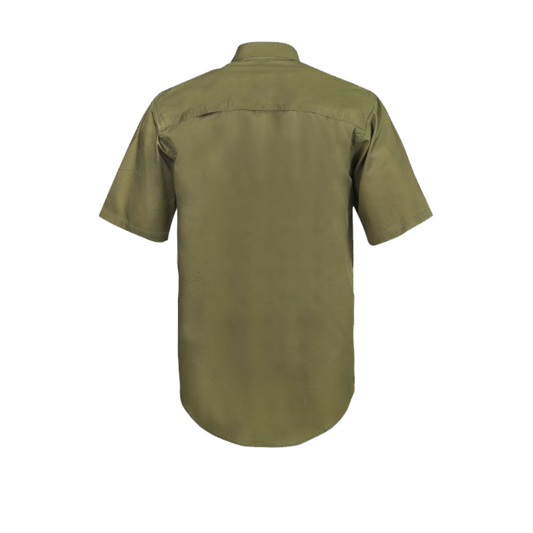 back of lightweight short sleeve vented cotton drill shirt in khaki