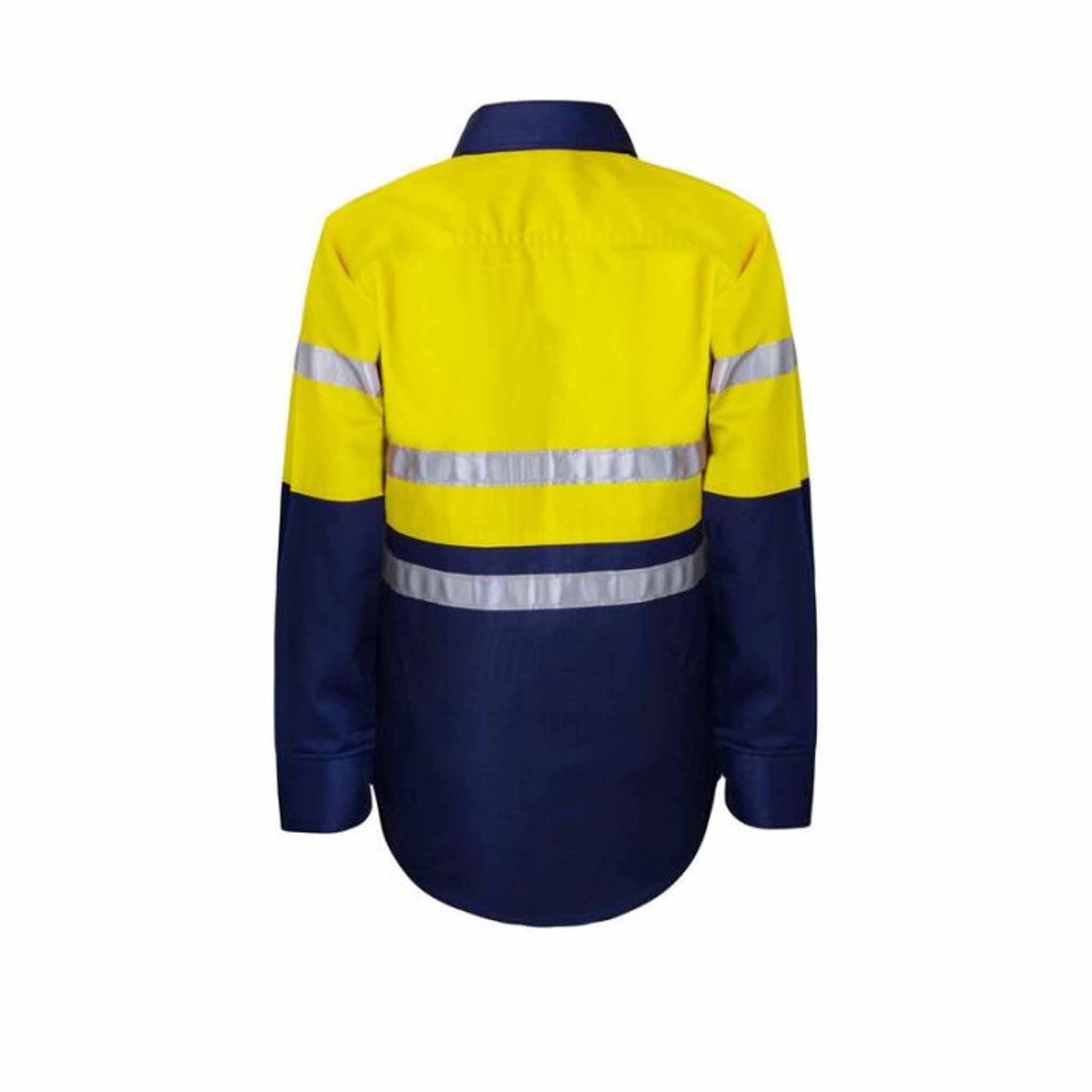 back of kids hi vis two tone long sleeve shirt with 3m reflective tape in yellow navy