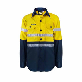 kids hi vis two tone long sleeve shirt with 3m reflective tape in yellow navy