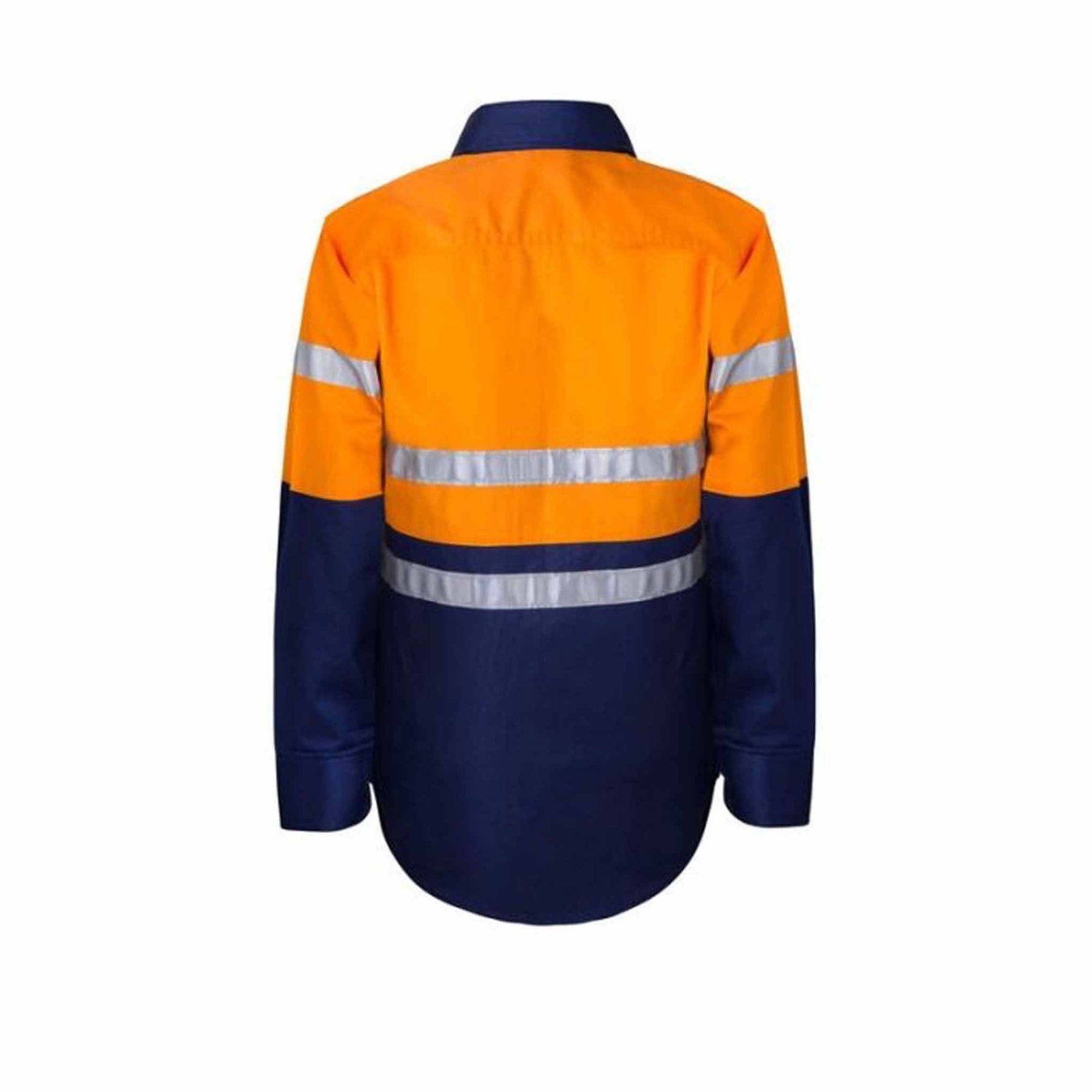 back of kids hi vis two tone long sleeve shirt with 3m reflective tape in orange navy