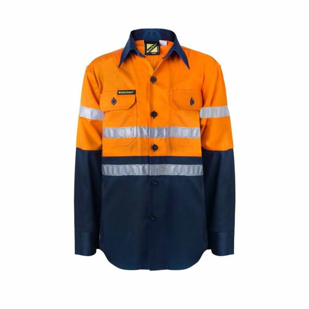 kids hi vis two tone long sleeve shirt with 3m reflective tape in orange navy