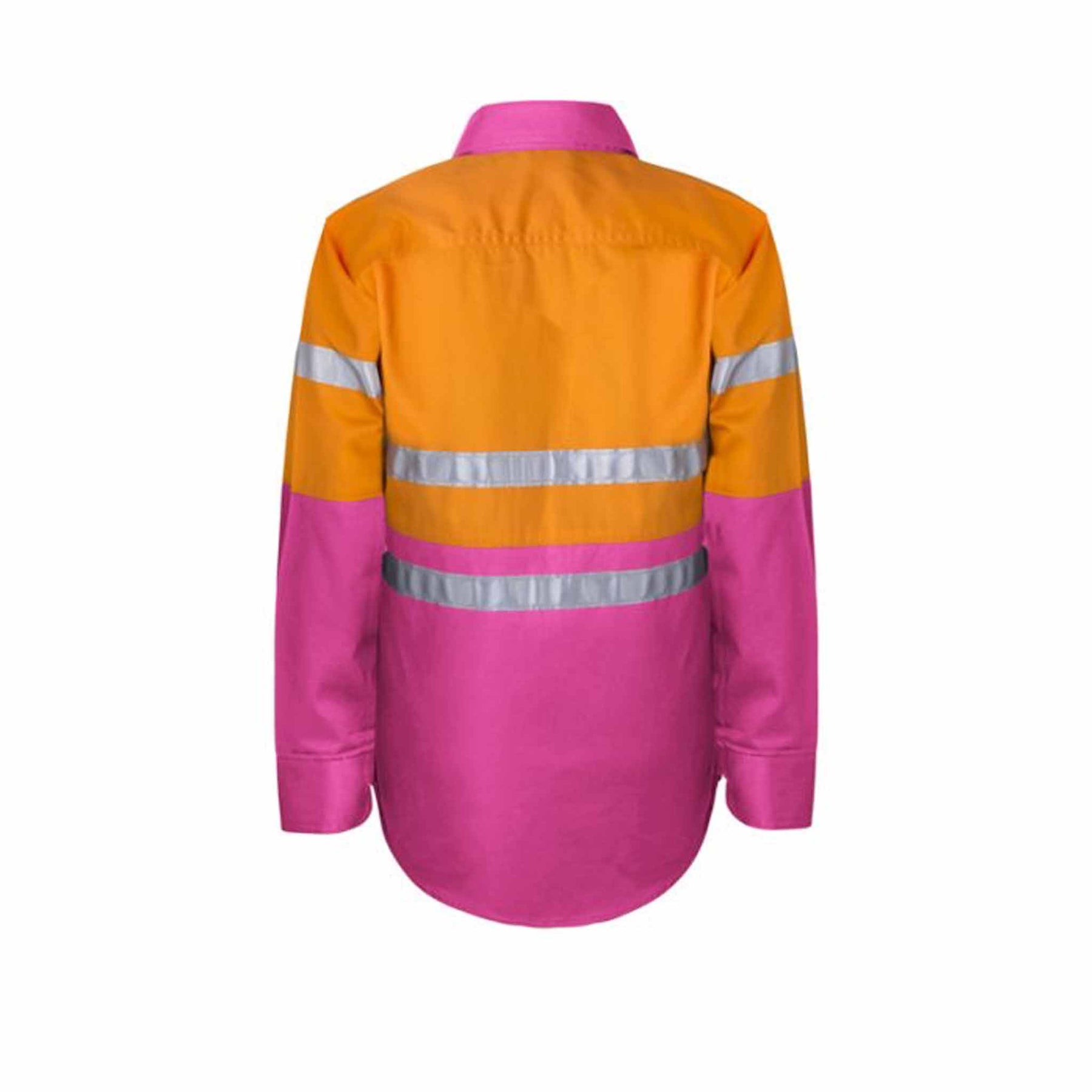 back of kids hi vis two tone long sleeve shirt with 3m reflective tape in orange pink