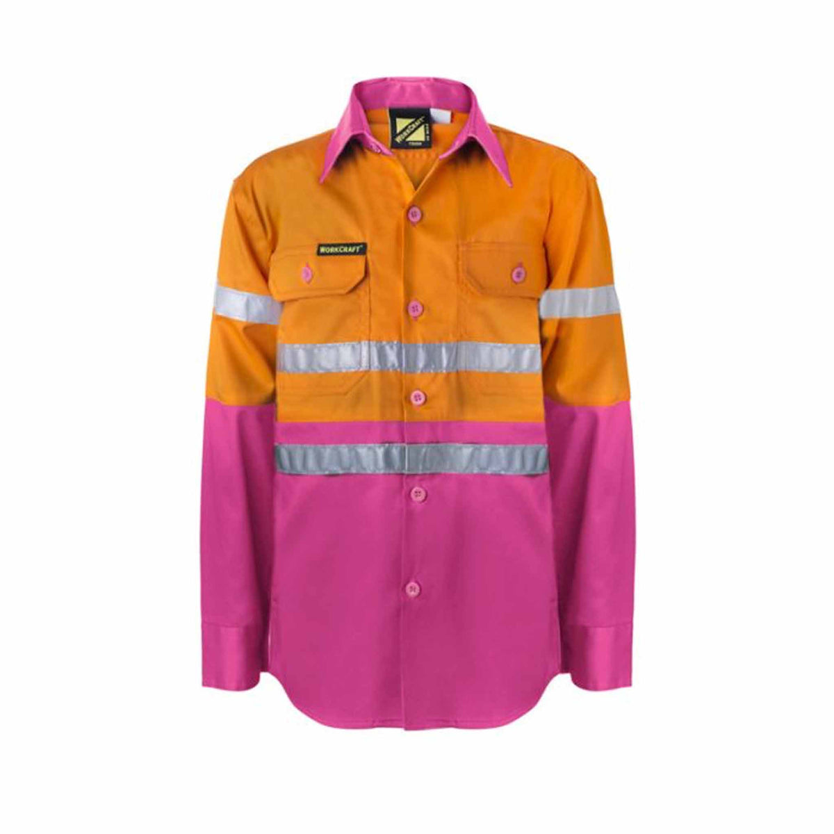 kids hi vis two tone long sleeve shirt with 3m reflective tape in orange pink