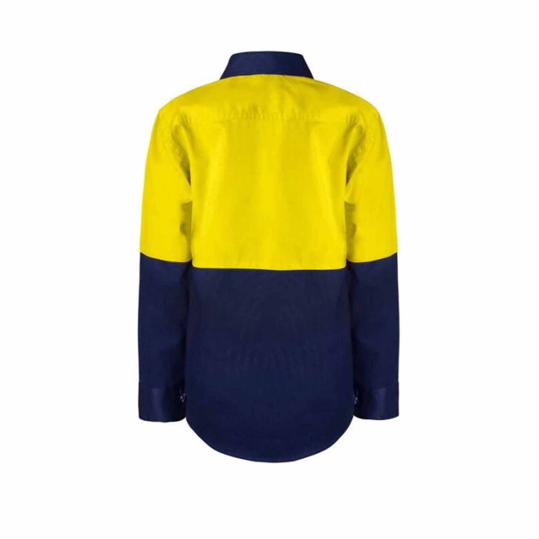 back of kids hi vis two tone long sleeve shirt in yellow navy