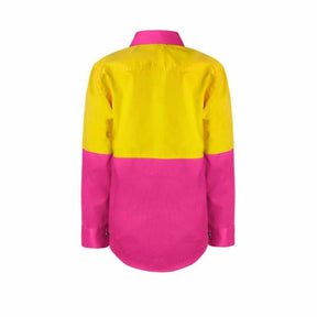 back of kids hi vis two tone long sleeve shirt in yellow pink