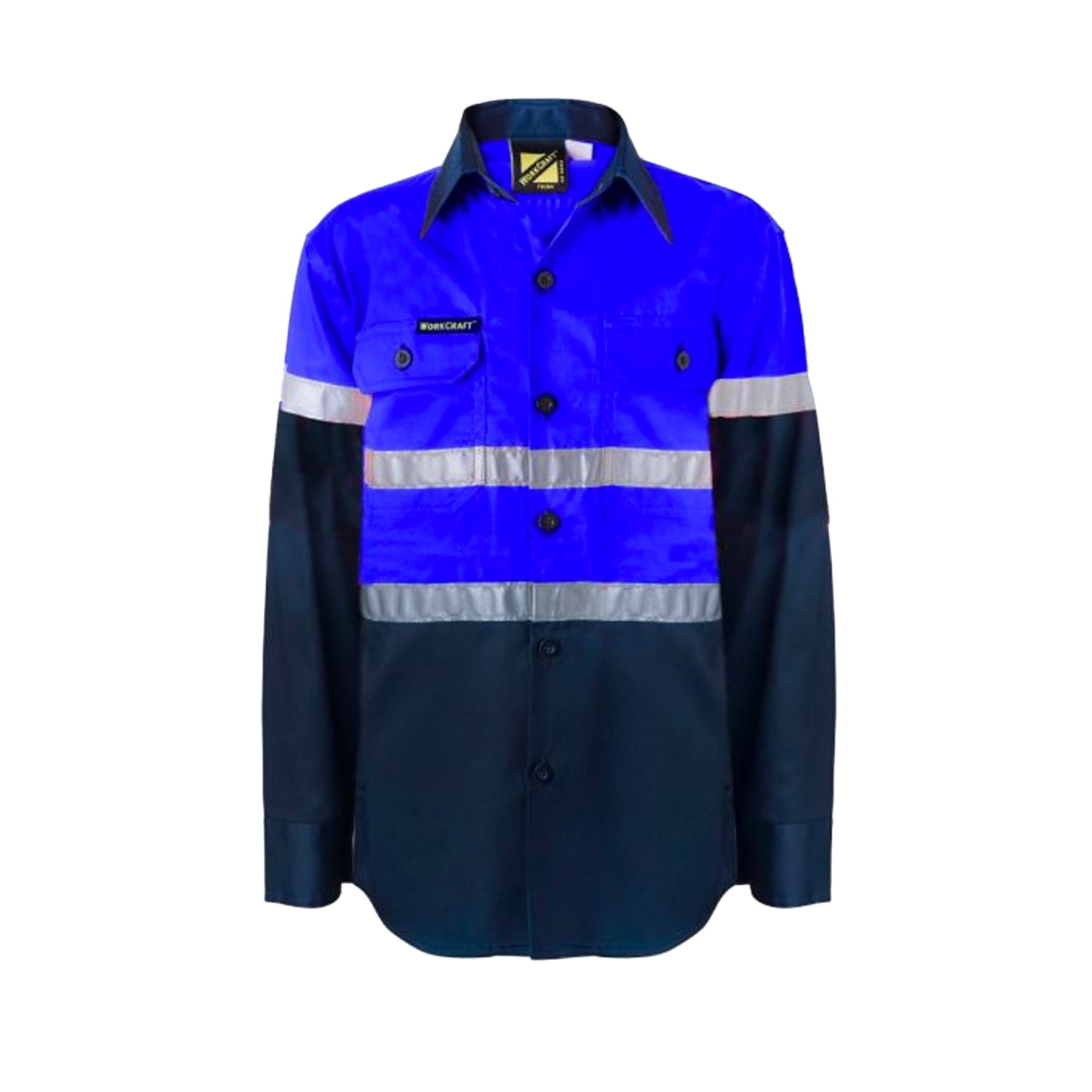 kids hi vis two tone long sleeve shirt in navy electric blue with reflective tape 