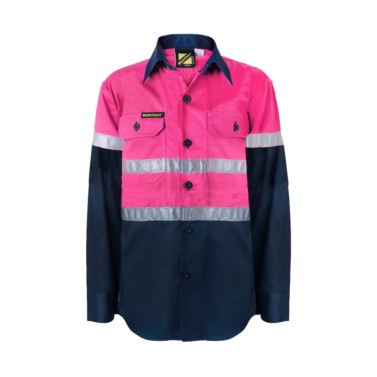 kids hi vis two tone long sleeve shirt in navy pink with reflective tape 