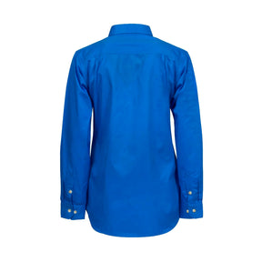 back of ladies long sleeve lightweight half placket shirt in cobalt blue