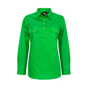 ladies long sleeve lightweight half placket shirt in electric green