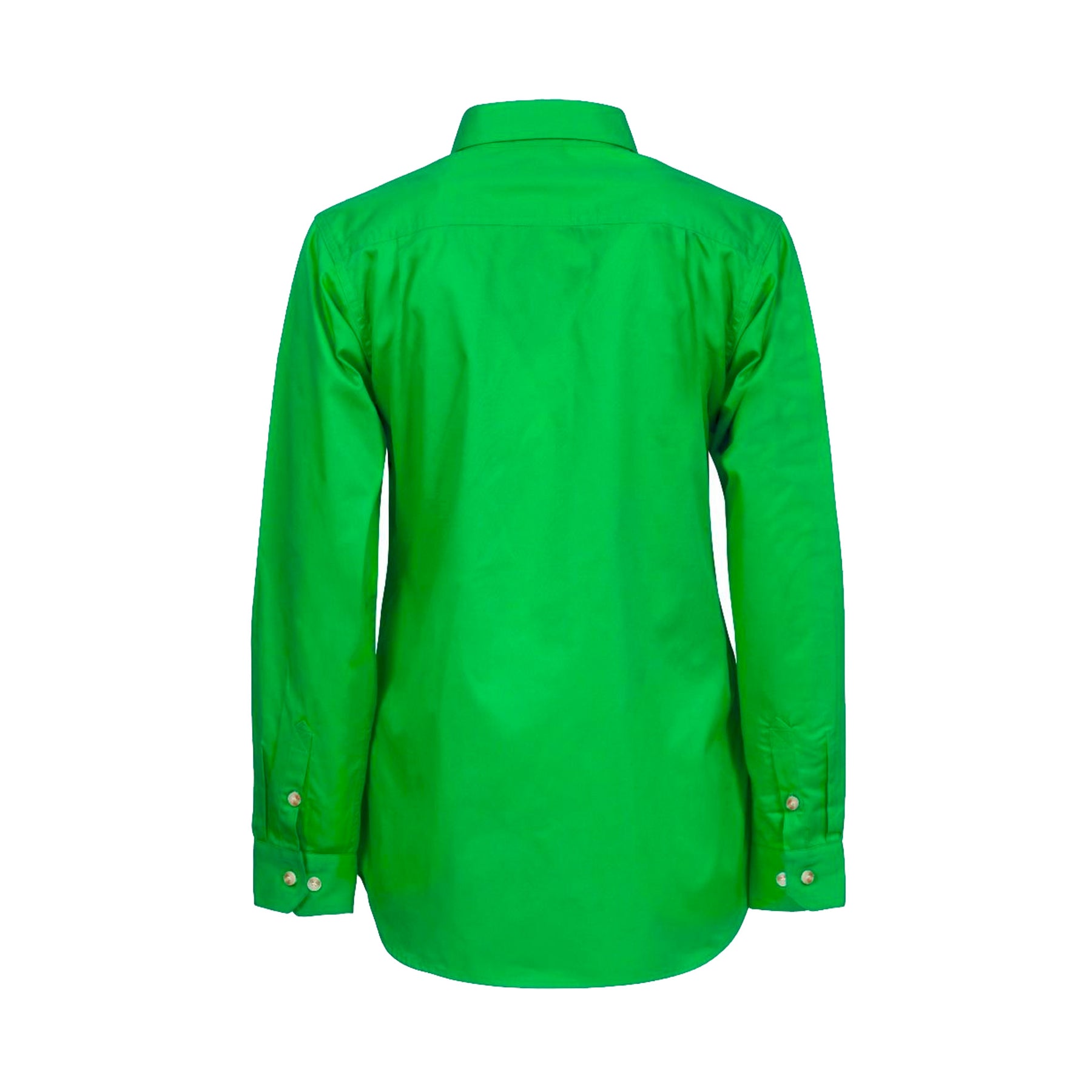 back of ladies long sleeve lightweight half placket shirt in electric green