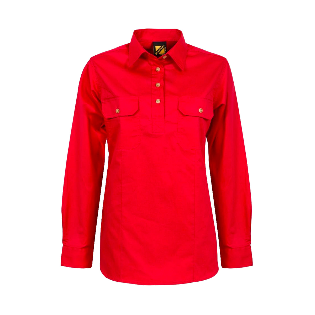 ladies long sleeve lightweight half placket shirt in crimson red