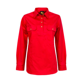 ladies long sleeve lightweight half placket shirt in crimson red