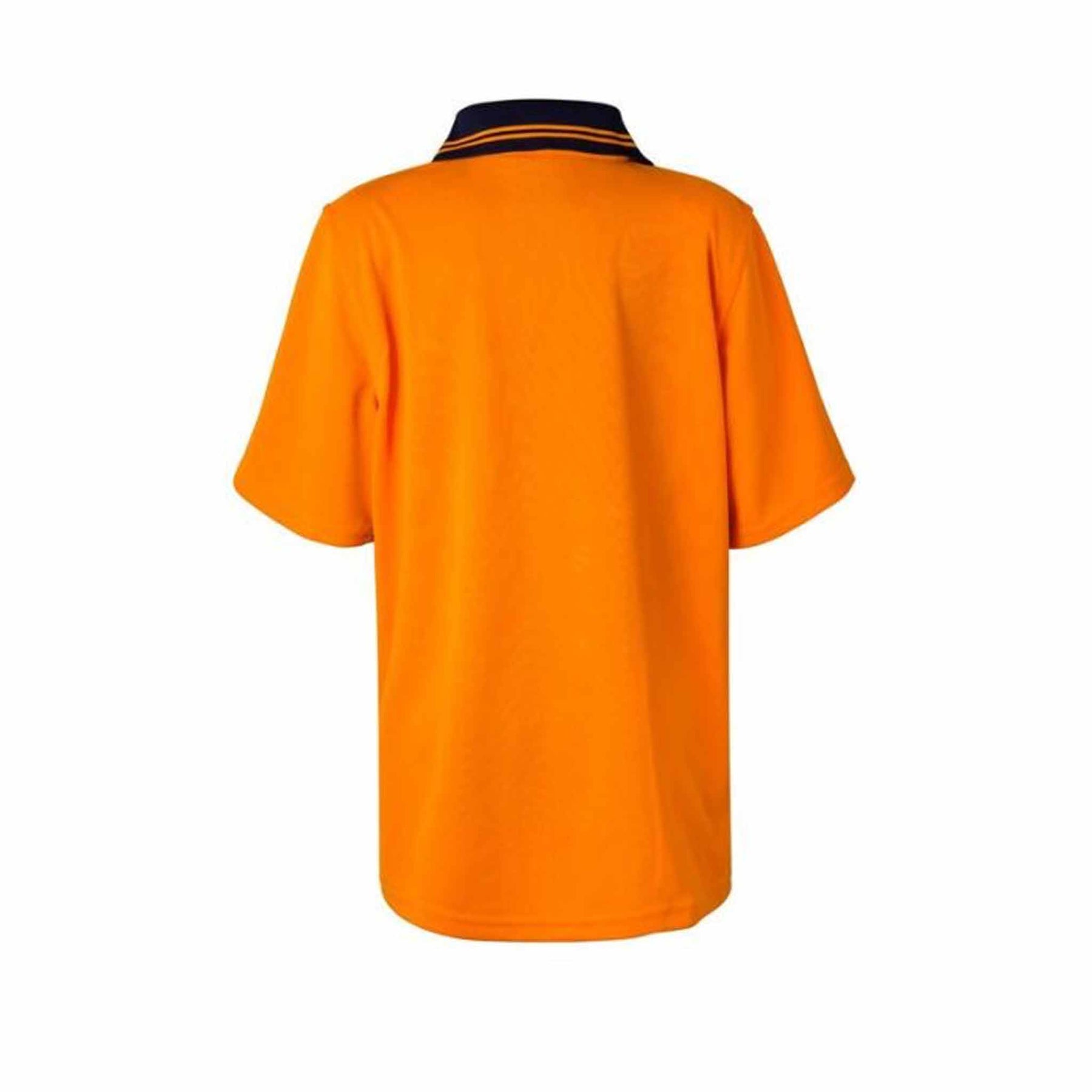 back of kids orange navy hi vis two tone short sleeve polo with pocket
