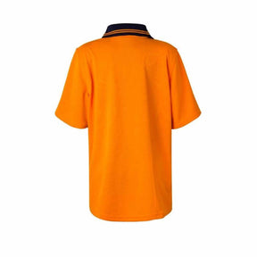 back of kids orange navy hi vis two tone short sleeve polo with pocket