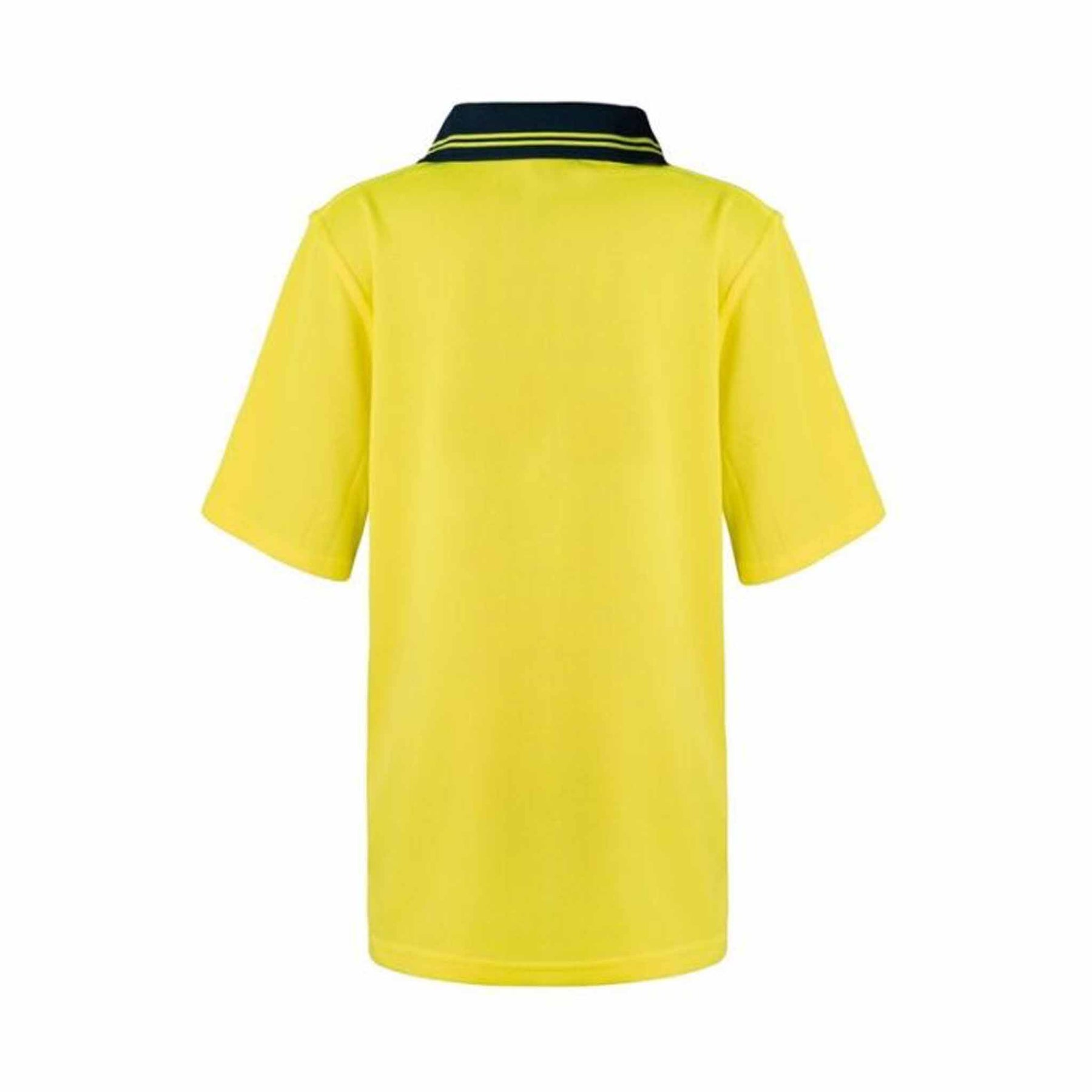 back of kids yellow navy hi vis two tone short sleeve polo with pocket