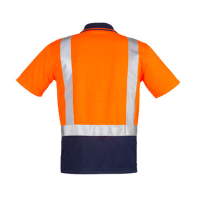 back of hi vis short sleeve spliced polo shoulder taped in orange navy