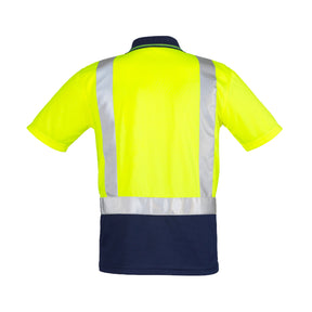 back of hi vis short sleeve spliced polo shoulder taped in yellow navy