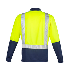 back of hi vis long sleeve spliced polo with shoulder tape in yellow navy