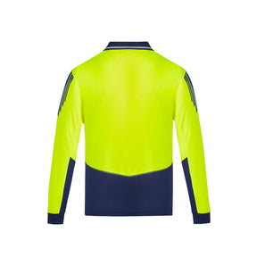 back of yellow navy hi vis flux long sleeve polo