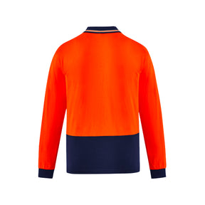 back of hi vis cotton long sleeve polo in orange navy