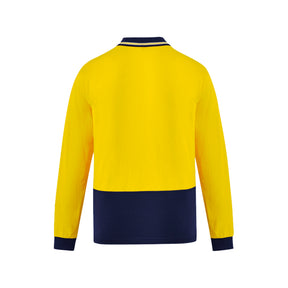 back of hi vis cotton long sleeve polo in yellow navy