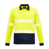 unisex hi vis segmented long sleeve polo hoop taped shirt in yellow navy