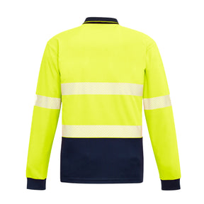 back of unisex hi vis segmented long sleeve polo hoop taped shirt in yellow navy