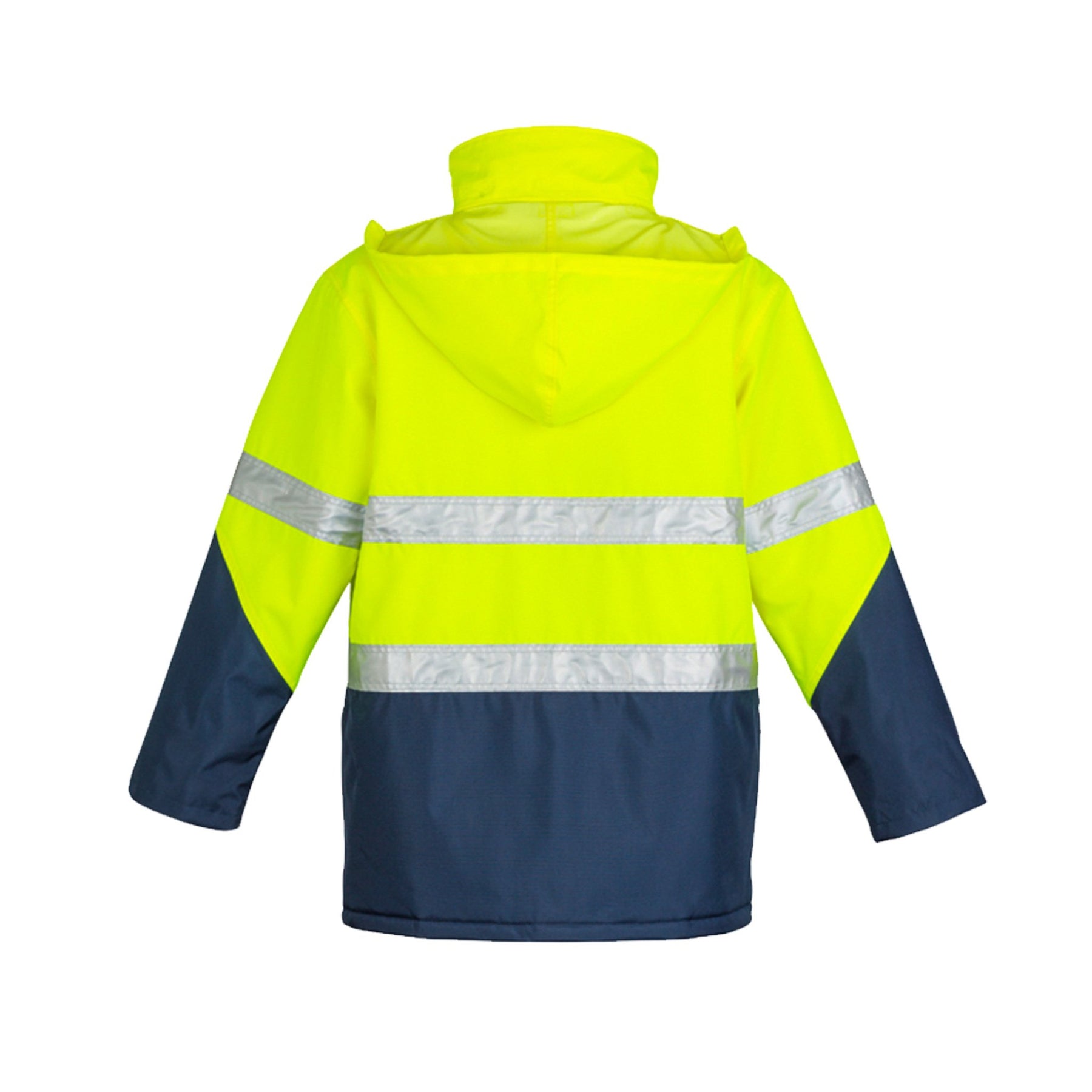 syzmik back of hi vis storm jacket in yellow navy with hood