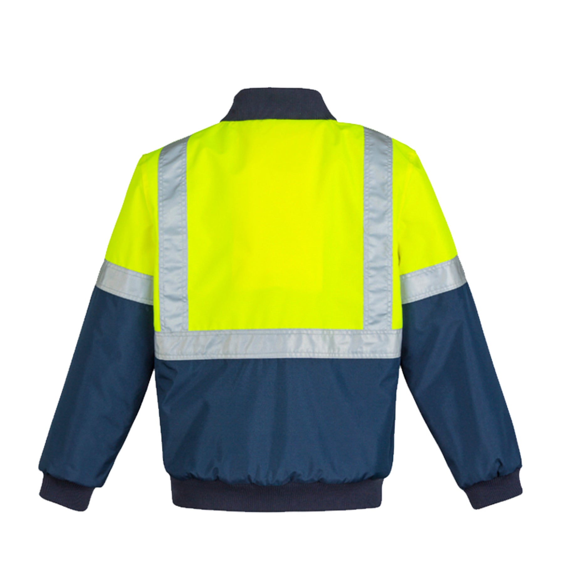 syzmik back of yellow navy hi vis quilted flying jacket
