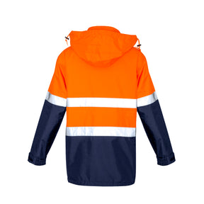 syzmik back of ultralite waterproof jacket with hood in orange navy