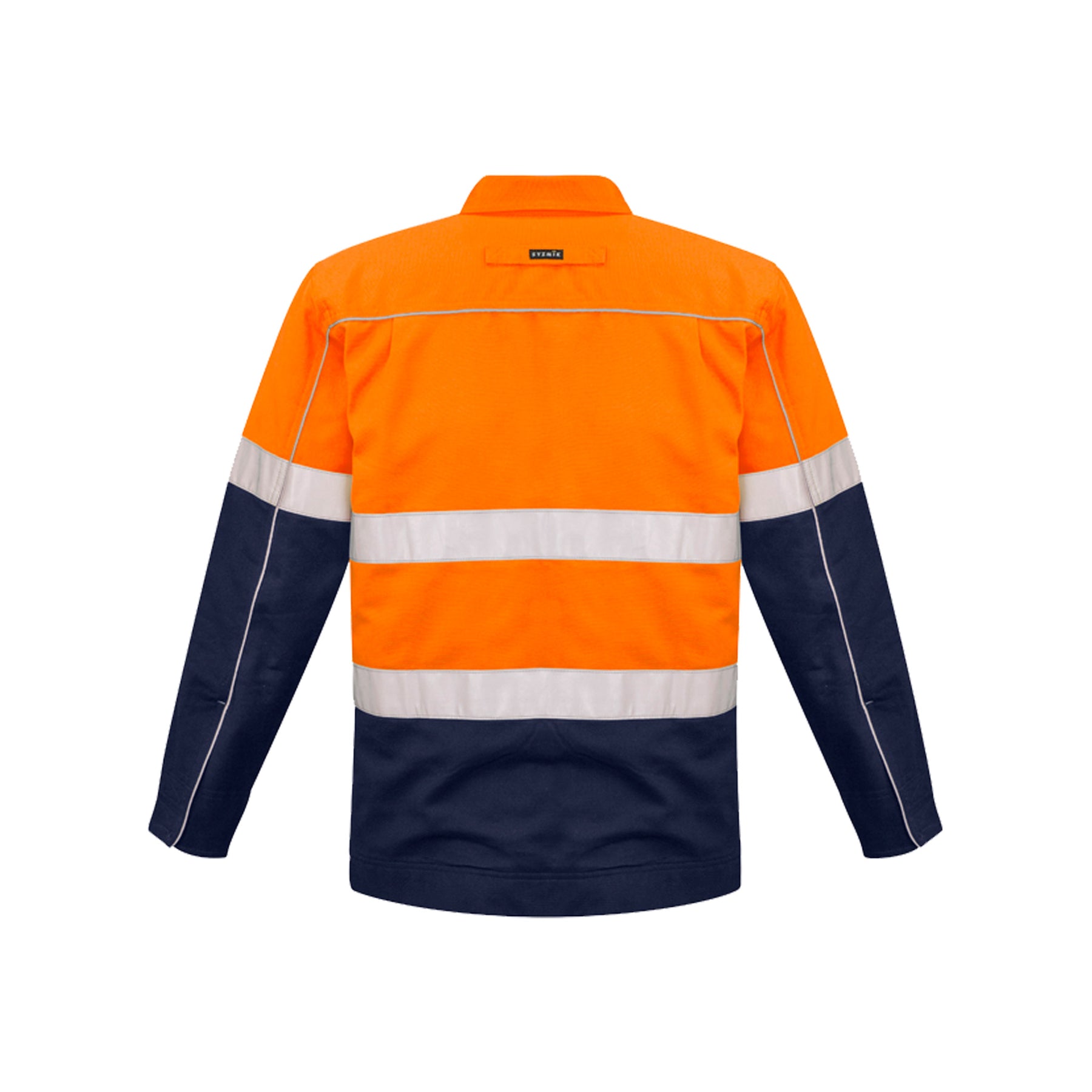 back of orange navy hi vis cotton drill jacket