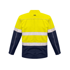back of yellow navy hi vis cotton drill jacket 