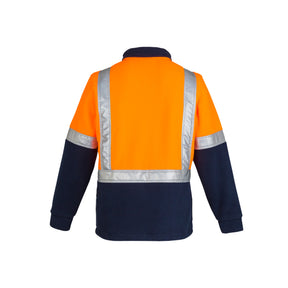 back of orange navy hi vis fleece jumper with shoulder tape
