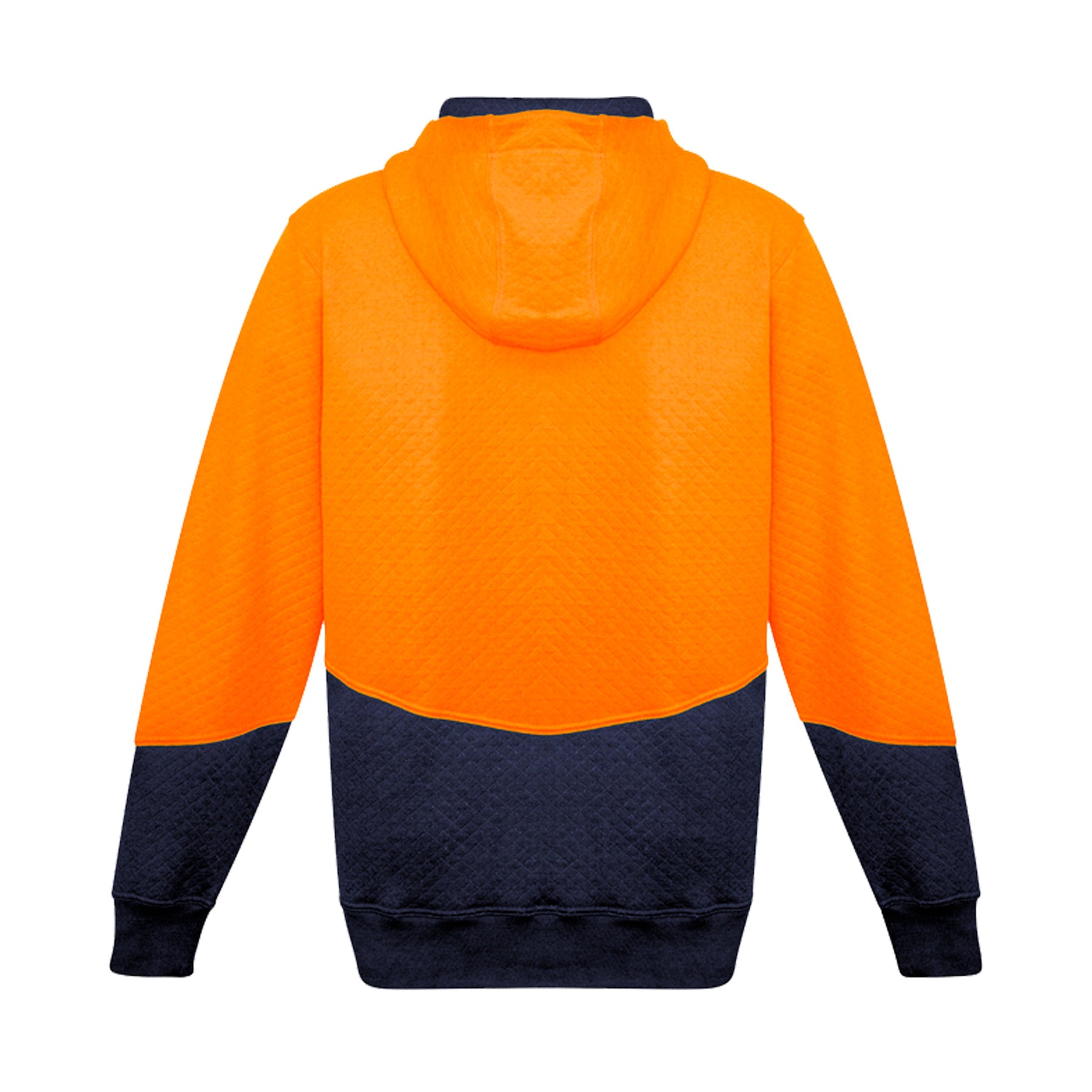 back of orange navy hi vis textured jacquard hoodie