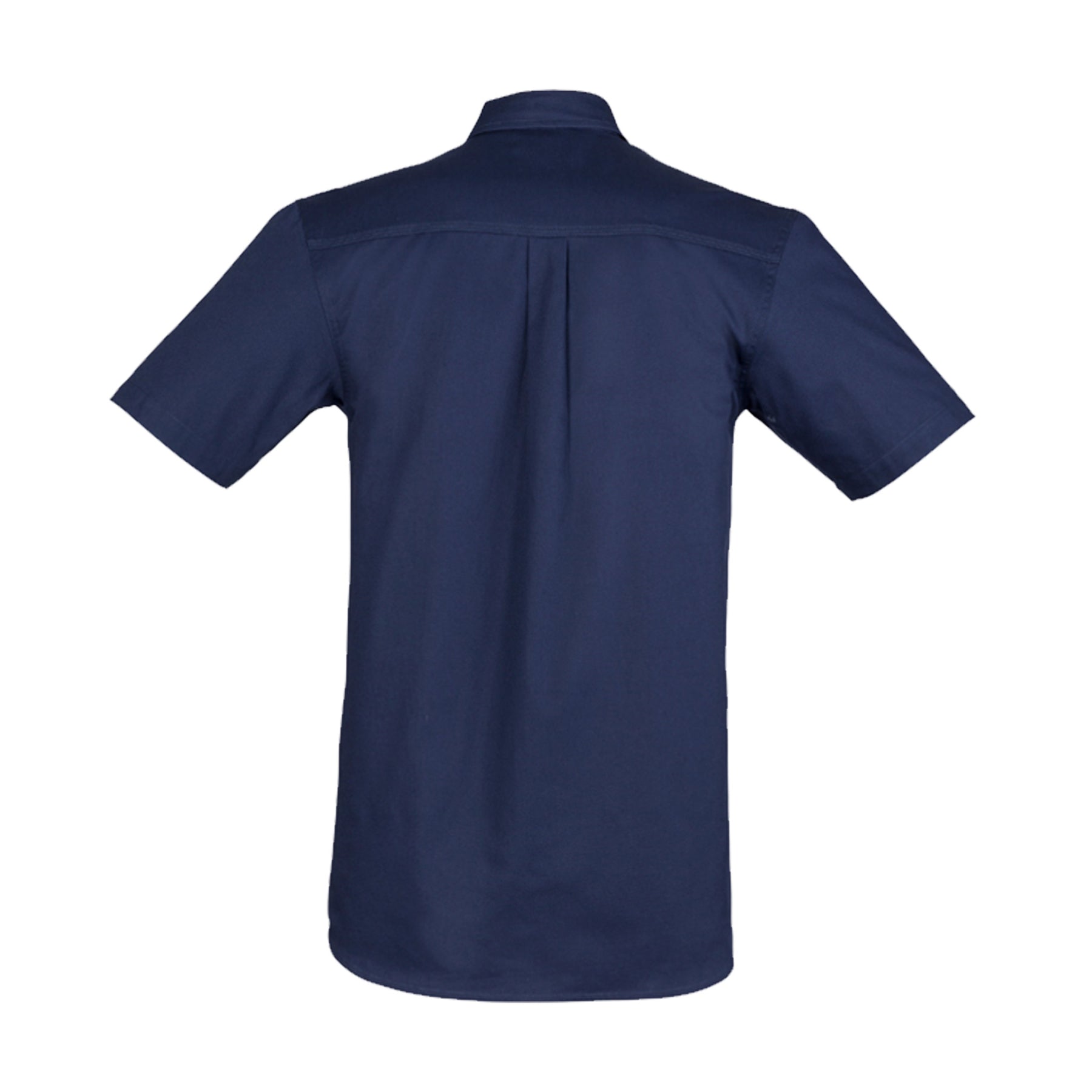 back of light weight short sleeve tradie shirt in blue