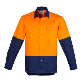 mens hi vis spliced long sleeve shirt in orange navy