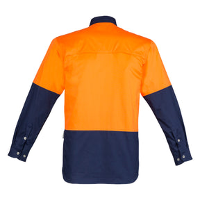 back of mens hi vis spliced long sleeve shirt in orange navy