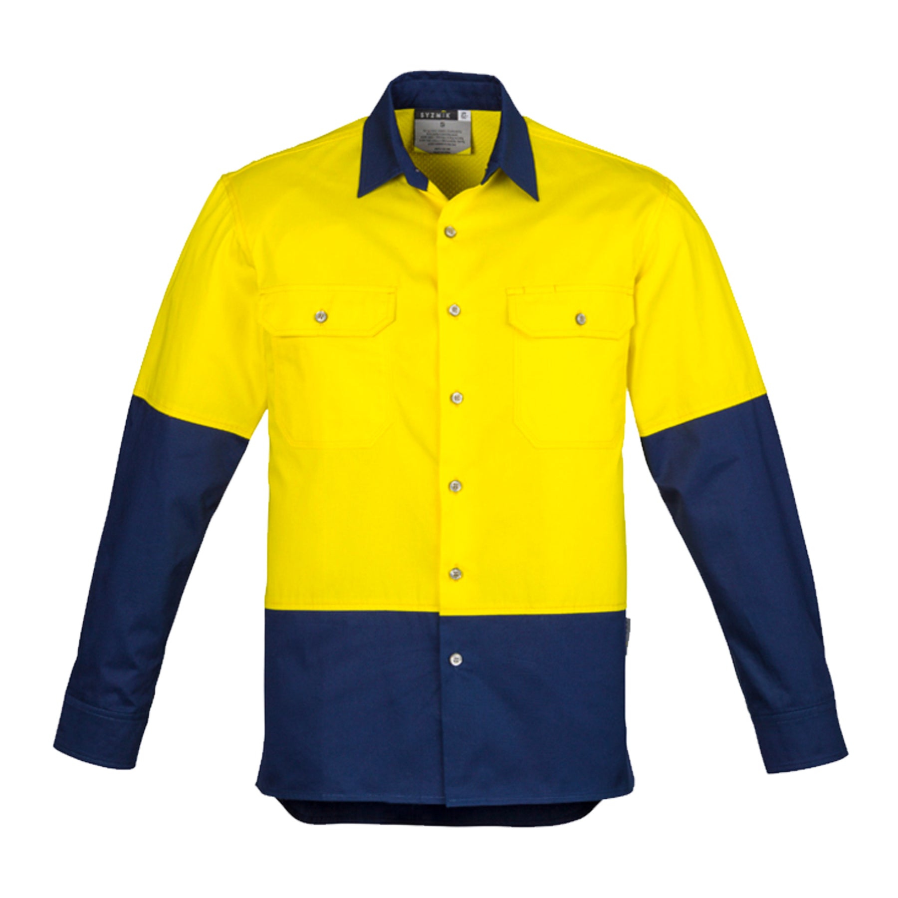 mens hi vis spliced long sleeve shirt in yellow navy