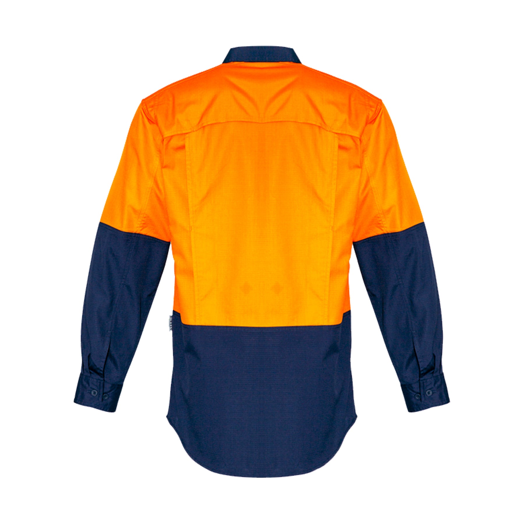 back of hi vis spliced rugged shirt in orange navy