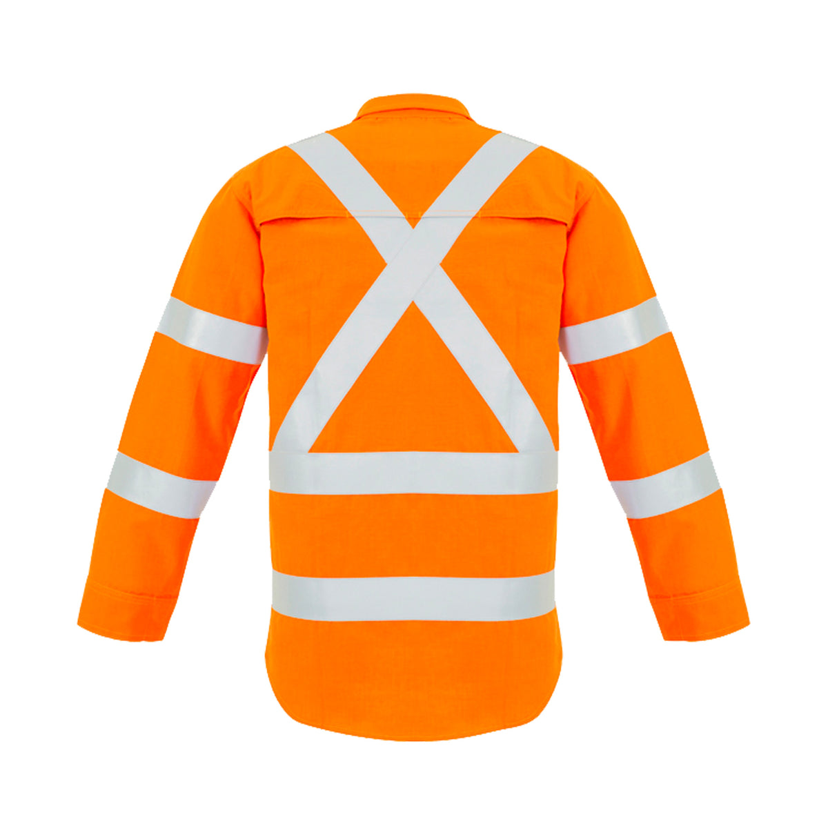 back of fr x back taped spliced shirt with metatech fabric in orange