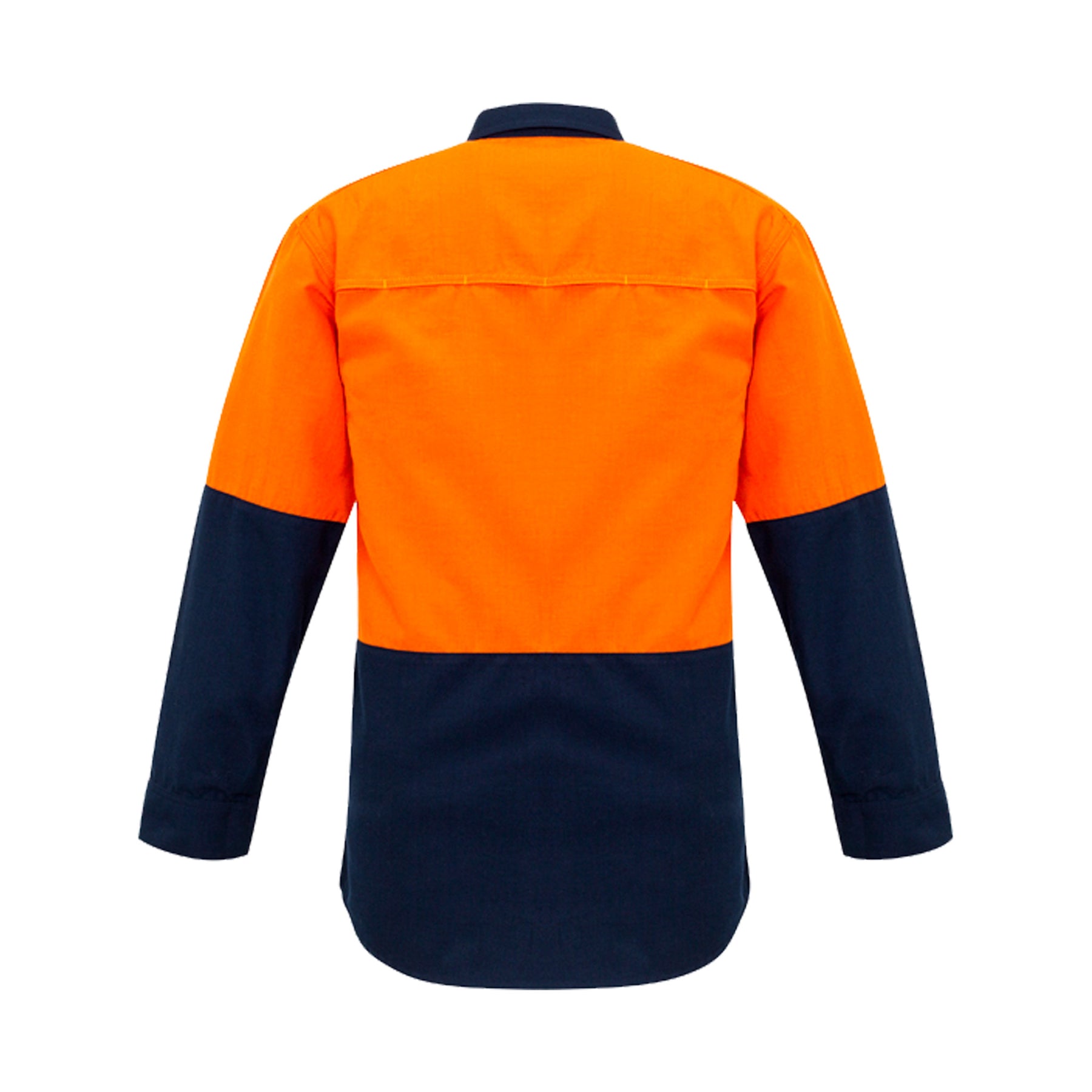 back view of orange navy hi vis spliced shirt with metatech fabric