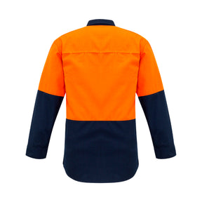 back view of orange navy hi vis spliced shirt with metatech fabric