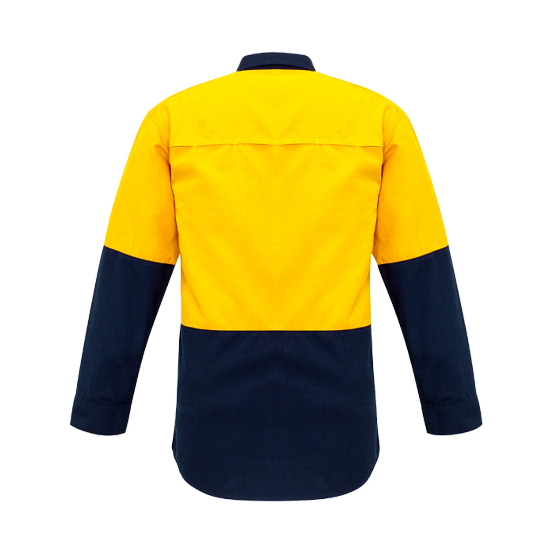 back view of yellow navy hi vis spliced shirt with metatech fabric