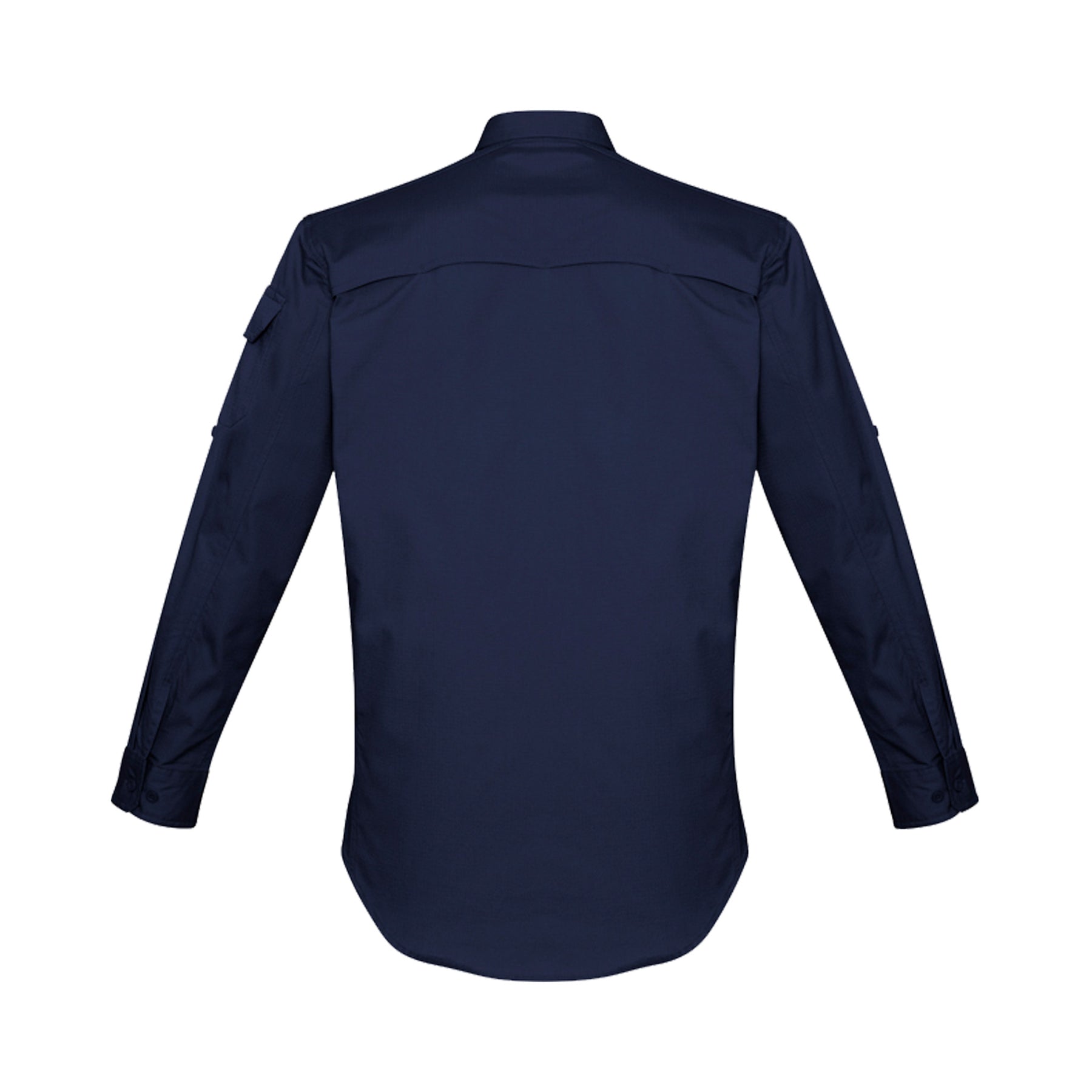 back of mens rugged long sleeve cooling shirt in navy